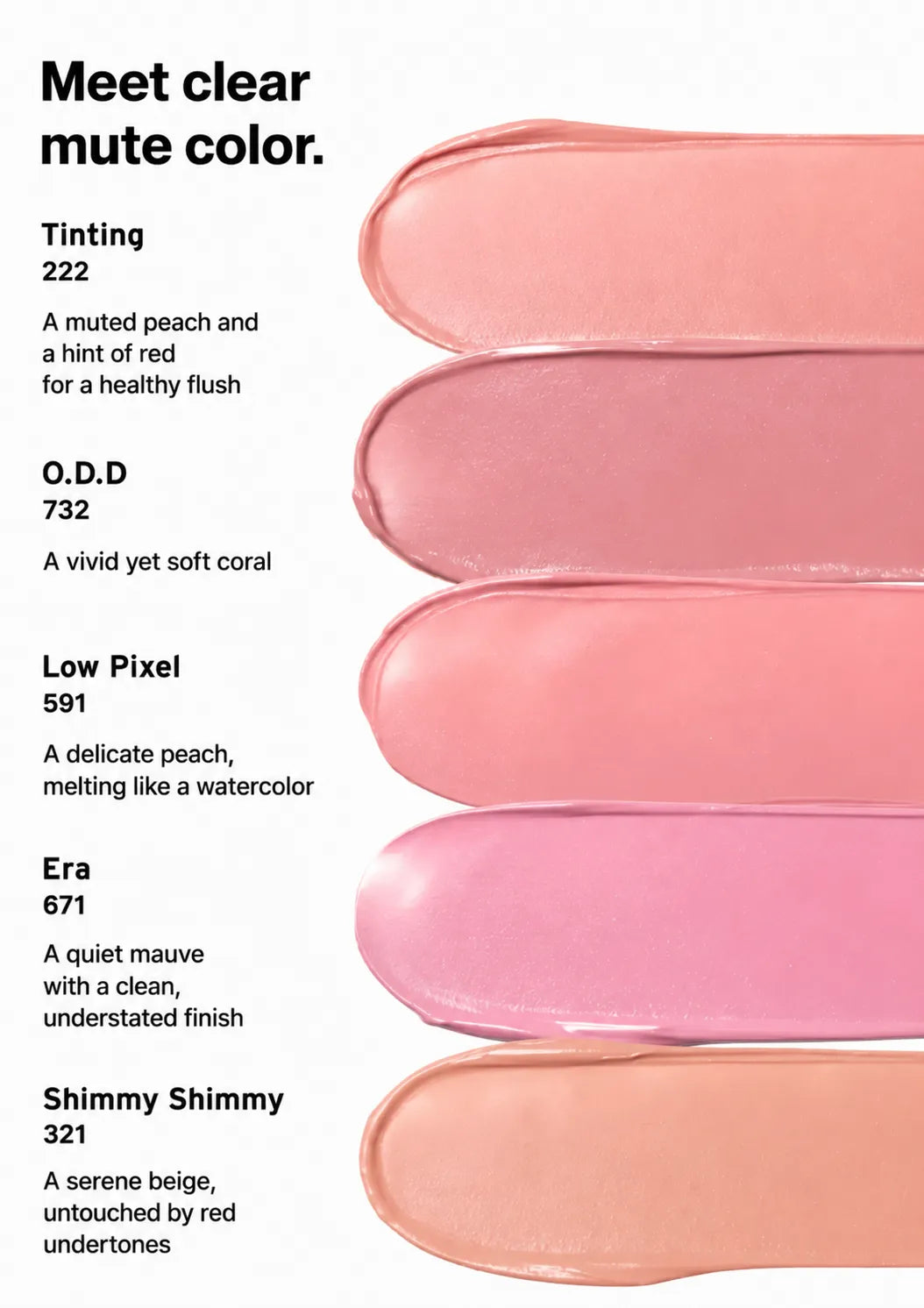 A cosmetic shade chart on a white background showing five peach, pink, and beige cream swatches with text labels: Tinting 222, O.D.